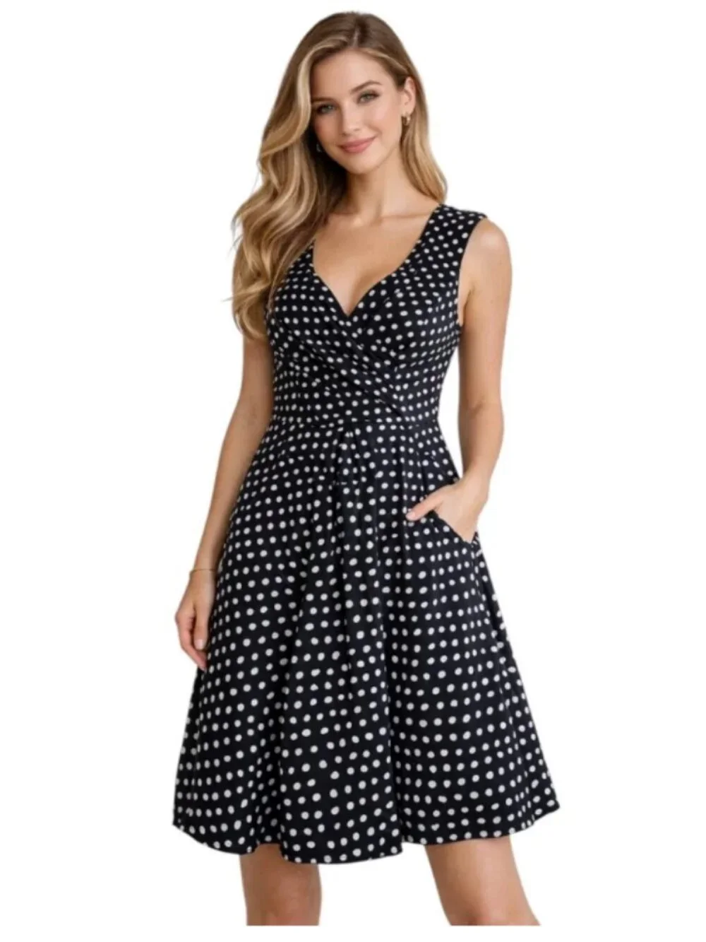 Jessica Simpson Retro B&W Polka Dot Sleeveless Fit & Flare Dress w/pockets Sz 12 - Picture 1 of 10